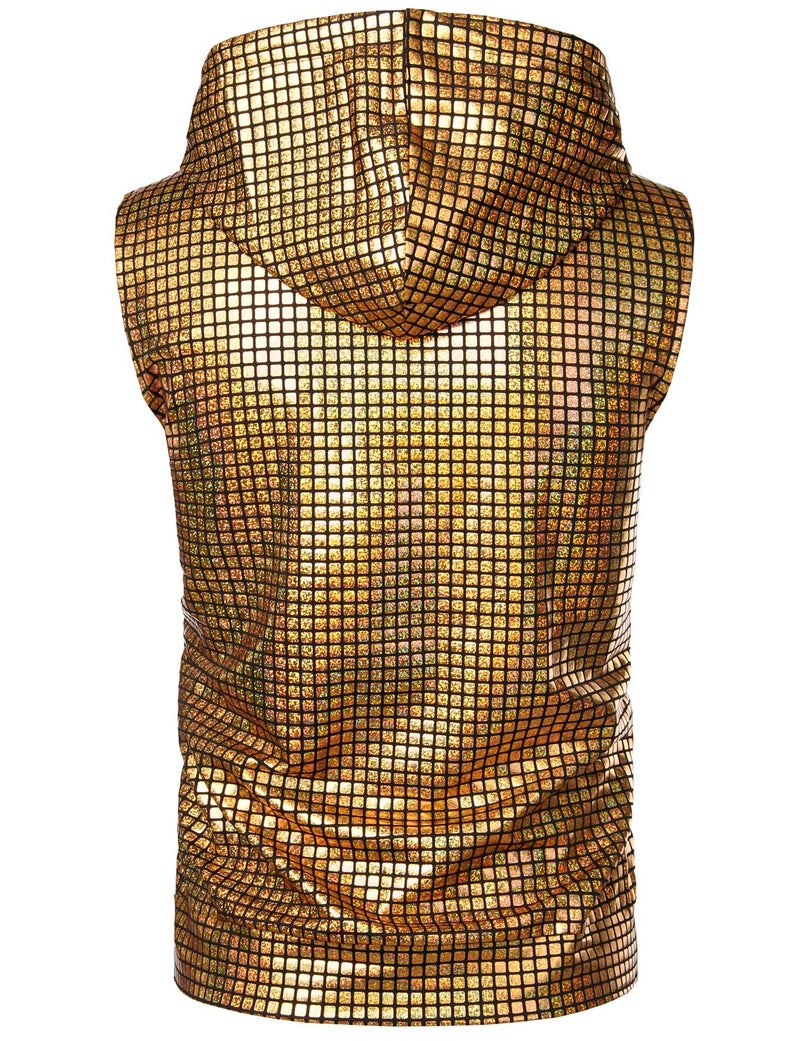 ZEROYAA Mens Hipster Metallic Sequins Zip Up Sleeveless Hooded Vest T Shirt with Kangaroo Pocket ZLSV17 Gold Large - Image 2